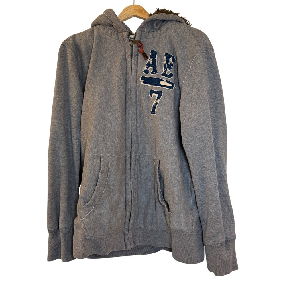 American Eagle Mens Gray Faux Fur Lined Full Zip Hoodie AE‎ 7 Distressed Large